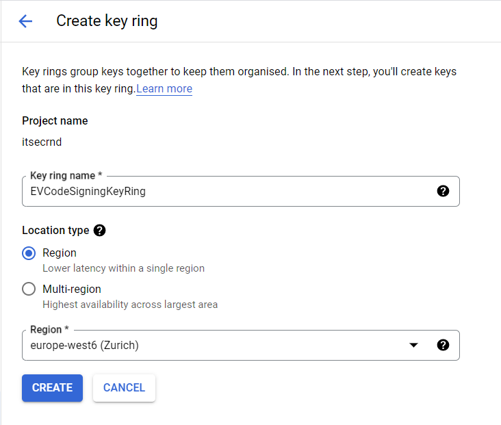 Creating a keyring in Cloud KMS